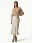 FJØRNA satin high-waist flowing midi pencil skirt for women, elegant and smooth fabric, showcasing a stylish midi length.