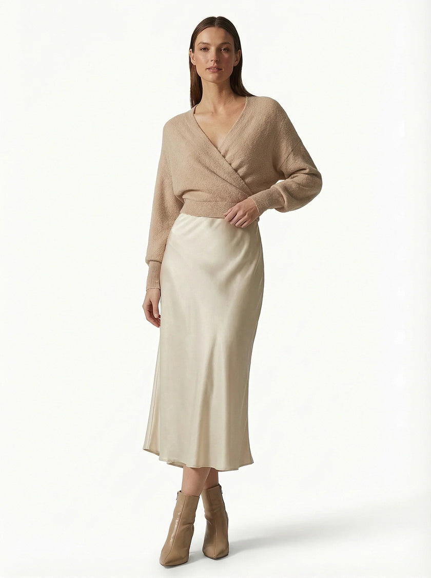 FJØRNA satin high-waist flowing midi pencil skirt for women, elegant and smooth fabric, showcasing a stylish midi length.