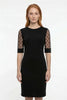 FJØRNA black A-line lace sleeve midi dress with contrast details, stylish and elegant for formal occasions.