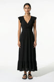 Black FJØRNA women's midi dress with flowing sleeveless design, perfect for elegant everyday wear.