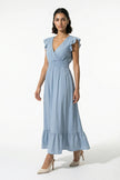 Flowing sky blue midi dress for women by FJØRNA, sleeveless and elegant, perfect for everyday wear.