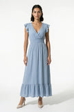 Flowing sky blue midi dress for women by FJØRNA, sleeveless and elegant, perfect for everyday wear.