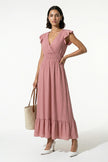 Flowing pink midi dress for women by FJØRNA, sleeveless and elegant, perfect for everyday wear.