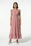 Flowing sleeveless pink midi dress for women by FJØRNA, showcasing an elegant, everyday style with soft, lightweight fabric.