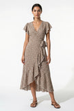 Elegant floral midi dress for women by FJØRNA, featuring a camel A-line design perfect for casual summer wear.