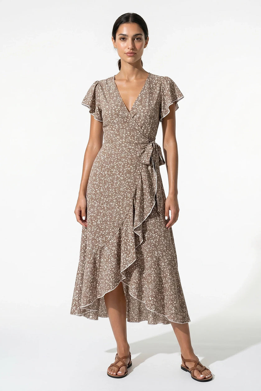 Elegant floral midi dress for women by FJØRNA, featuring a camel A-line design perfect for casual summer wear.