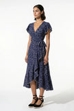 Navy blue floral midi dress for women by FJØRNA, featuring an A-line casual summer design and full-length view.
