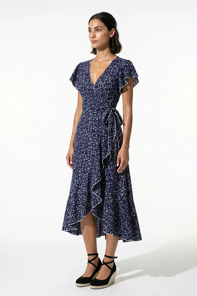Navy blue floral midi dress for women by FJØRNA, featuring an A-line casual summer design and full-length view.
