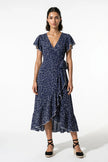 Navy blue floral A-line midi dress for women by FJØRNA, casual summer dress with elegant floral pattern and flowing silhouette.