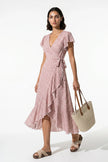 Pink floral midi dress for women by FJØRNA, featuring an A-line casual summer design with a full-body view.