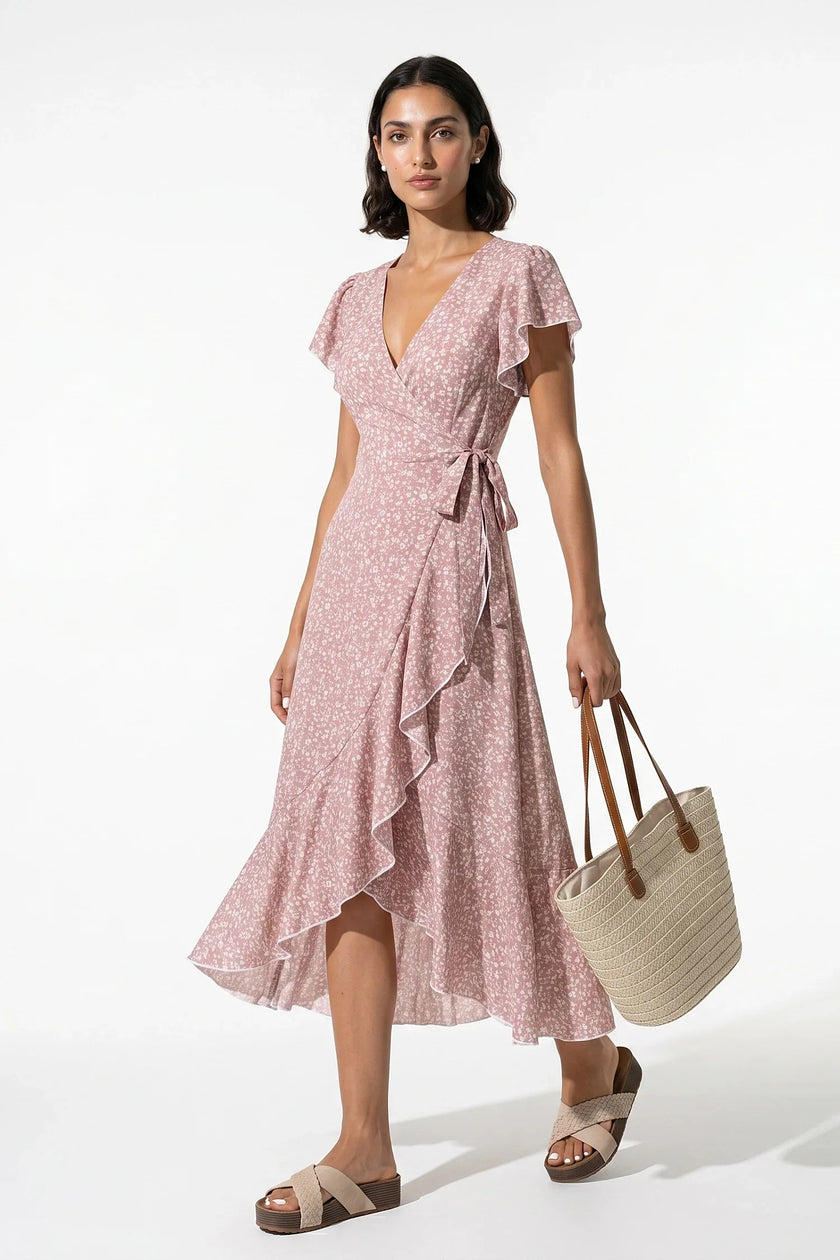 Pink floral midi dress for women by FJØRNA, featuring an A-line casual summer design with a full-body view.