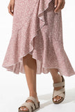 Pink floral midi dress for women by FJØRNA featuring an A-line casual summer design, perfect for warm weather occasions.