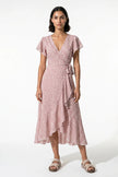 Pink floral midi dress for women by FJØRNA, featuring an elegant A-line design perfect for casual summer wear.