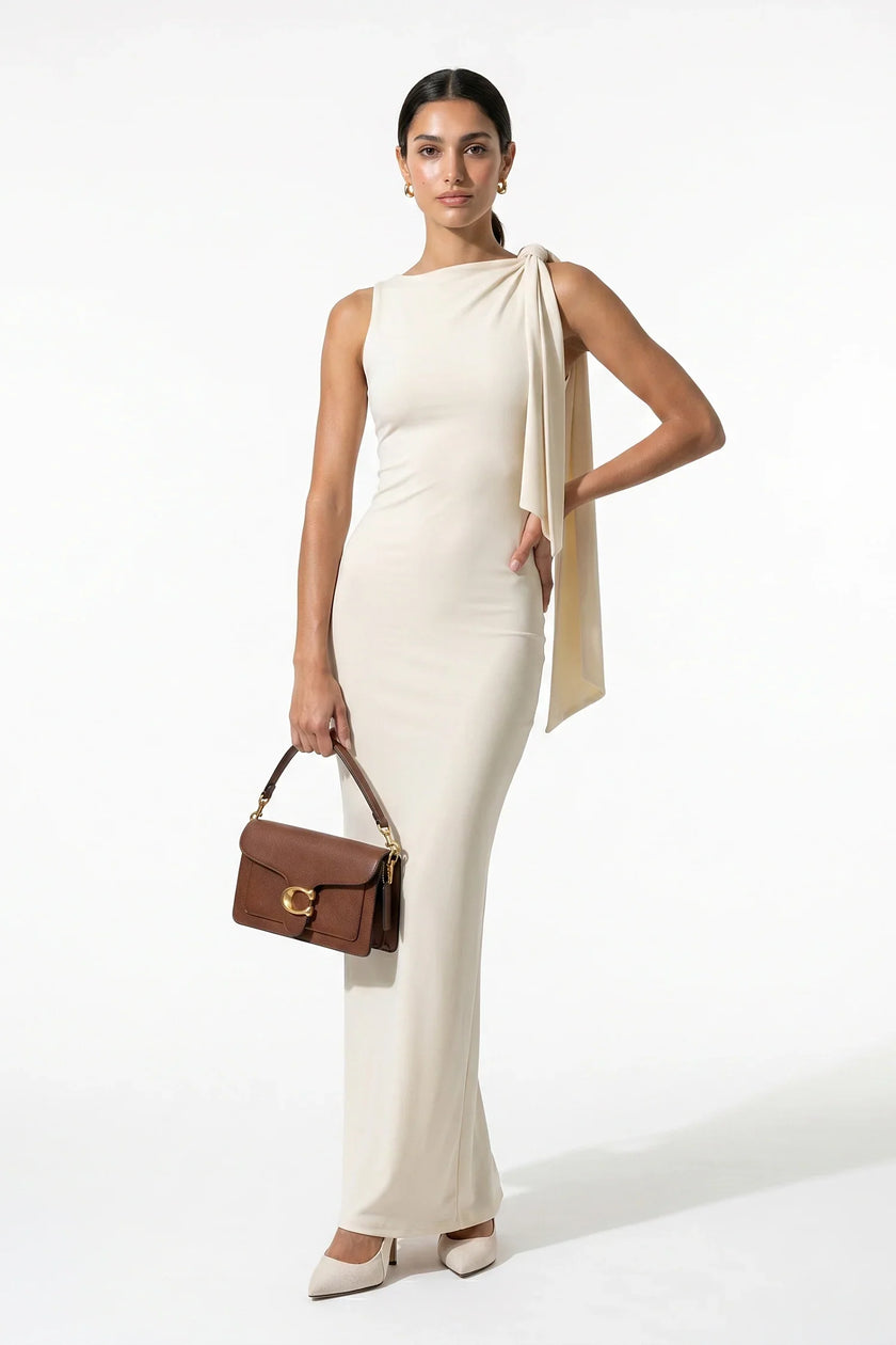 FJØRNA patchwork bodycon maxi dress for women in apricot, sleeveless with O-neck, full-body view showcasing elegant design