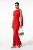 Red FJØRNA patchwork bodycon maxi dress for women, sleeveless with O-neck, full-length elegant evening dress.