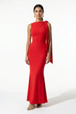 Red patchwork bodycon maxi dress for women by FJØRNA featuring a sleeveless design and O-neck neckline, styled for elegant occasions.