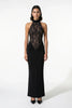 Black FJØRNA strapless lace maxi dress for women, bodycon fitted design, elegant evening dress with intricate lace details.