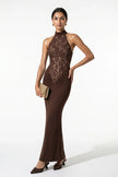 FJØRNA strapless lace maxi dress for women, fitted bodycon style in brown, elegant evening dress with full-length design