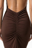 FJØRNA strapless lace maxi dress for women, fitted bodycon style in brown, elegant and sophisticated evening dress.