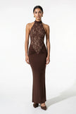 FJØRNA brown strapless lace maxi dress for women, bodycon fitted, elegant evening wear with intricate lace details.