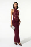 FJØRNA strapless lace maxi dress for women, fitted and bodycon, in burgundy, showcasing elegant design and full-length silhouette.