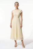 Elegant floral lace pleated A-line maxi dress by FJØRNA, in champagne, perfect for wedding guests and summer events.