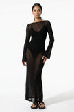 Black women's long-sleeve flowing maxi dress by FJØRNA, perfect for summer beachwear, with a relaxed and elegant fit.