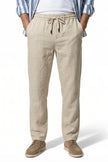Men's lightweight linen trousers in khaki, breathable straight fit summer pants by FJØRNA, perfect for warm weather.