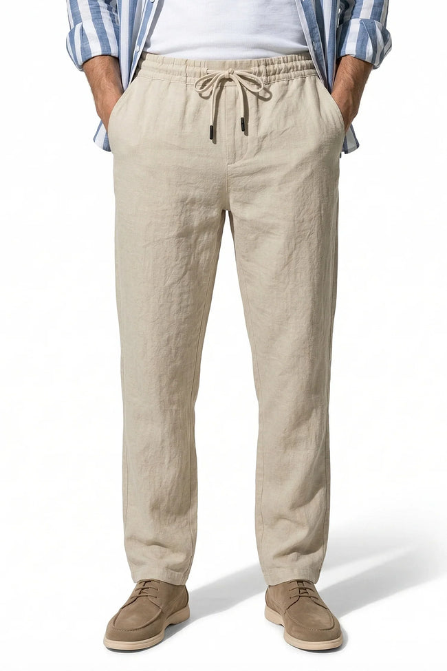 Men's lightweight linen trousers in khaki, breathable straight fit summer pants by FJØRNA, perfect for warm weather.