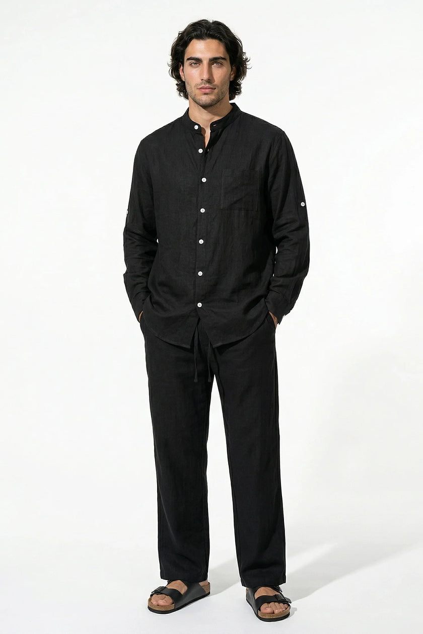 FJØRNA men's linen co-ord set with black shirt and trousers, perfect for summer casual wear, styled for a relaxed look.