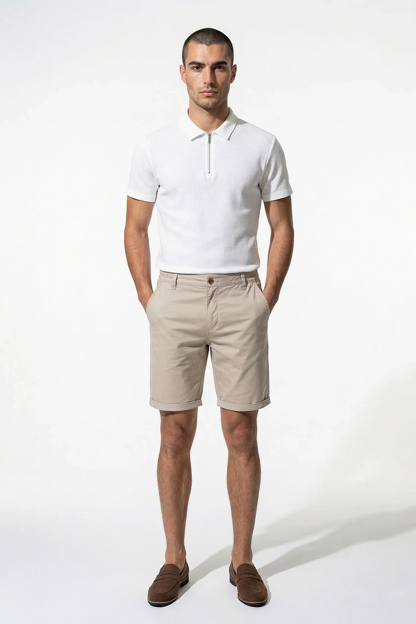 Men's white cotton tailored chino shorts by FJØRNA, casual men's pants with a clean, fitted design and comfortable fit.