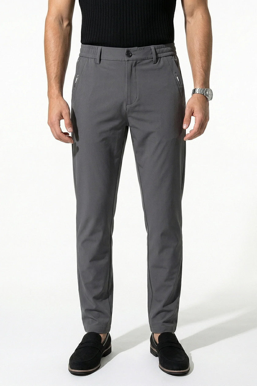 Men's slim fit stretch chino trousers in dark grey by FJØRNA, featuring a modern, tailored style and comfortable fit.