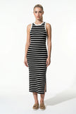Black ribbed midi dress by FJØRNA featuring a slim fit, sleeveless design, perfect for casual women’s fashion.