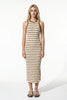 FJØRNA ribbed khaki midi dress for women, slim fit, sleeveless, casual style, showcasing the textured fabric and elegant design.