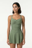 FJØRNA women's tankini co-ord two-piece beach dress in military green, stylish summer beach set for women.