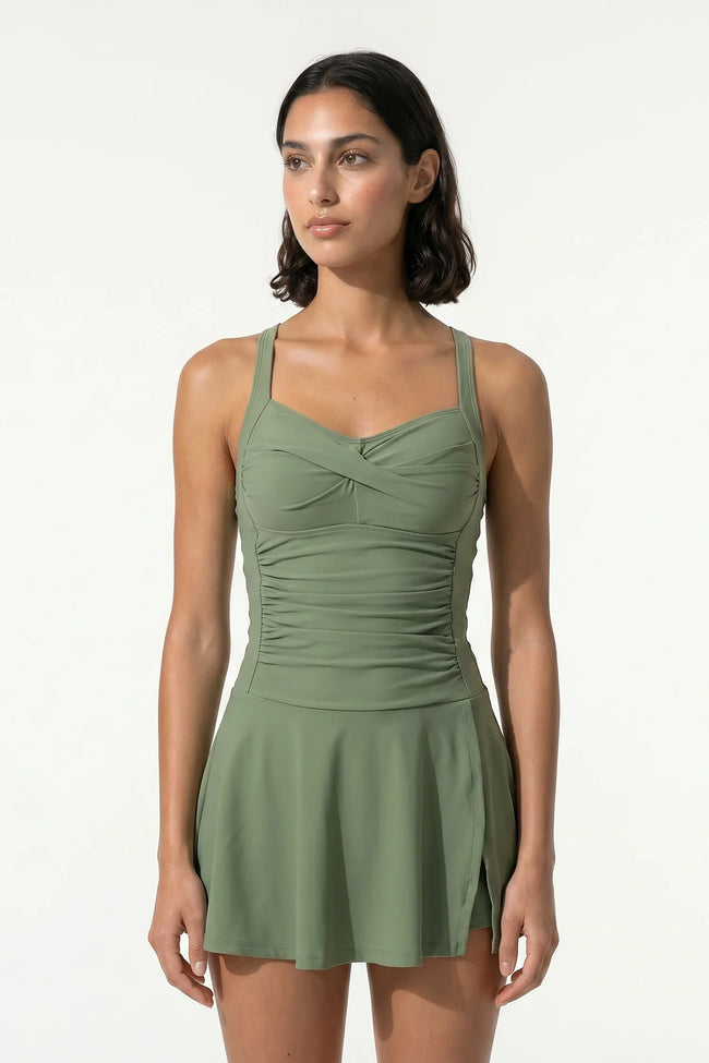 FJØRNA women's tankini co-ord two-piece beach dress in military green, stylish summer beach set for women.