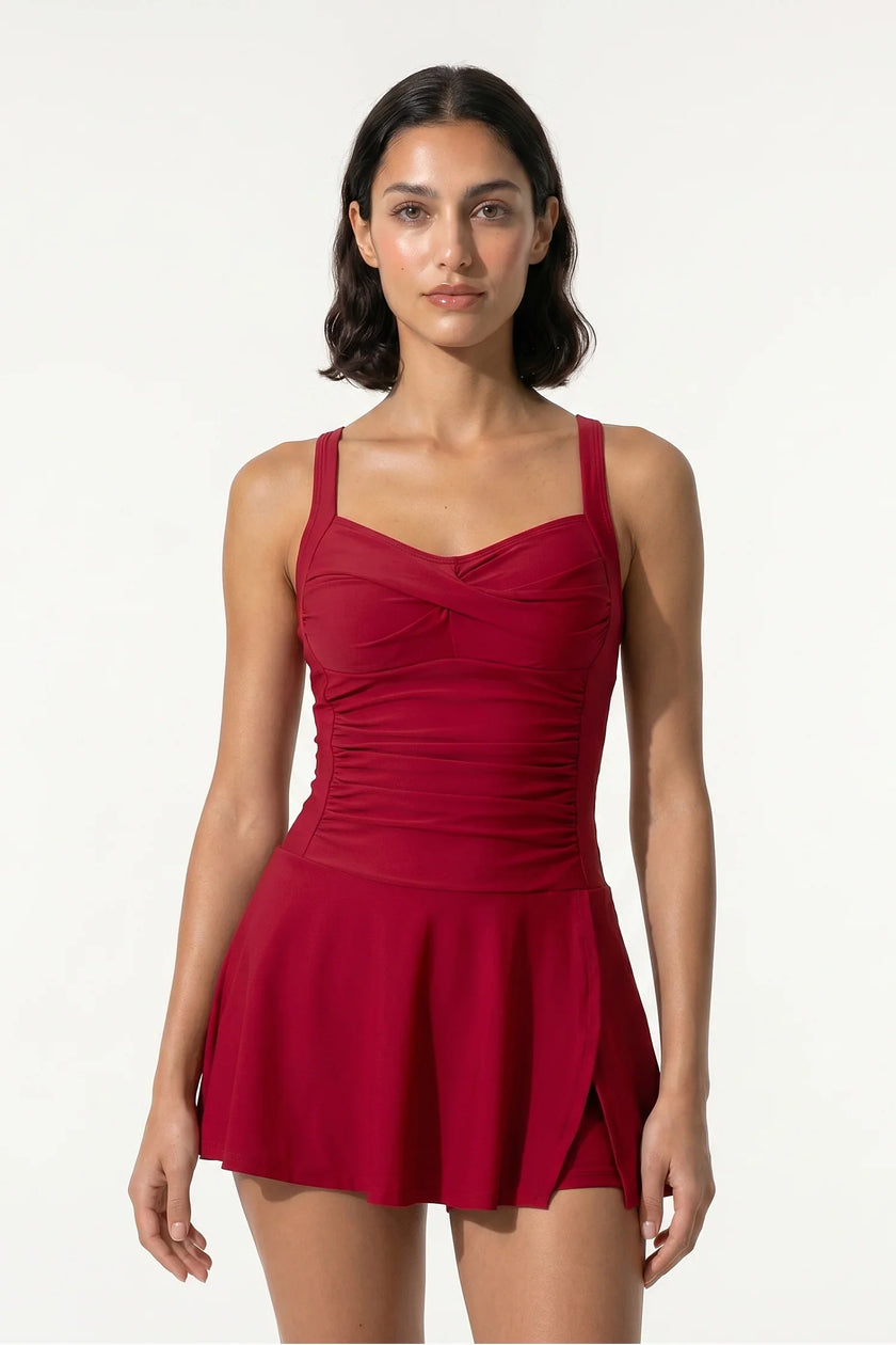Red FJØRNA tankini co-ord two-piece dress set for women, stylish beach summer dress with a chic, comfortable design.