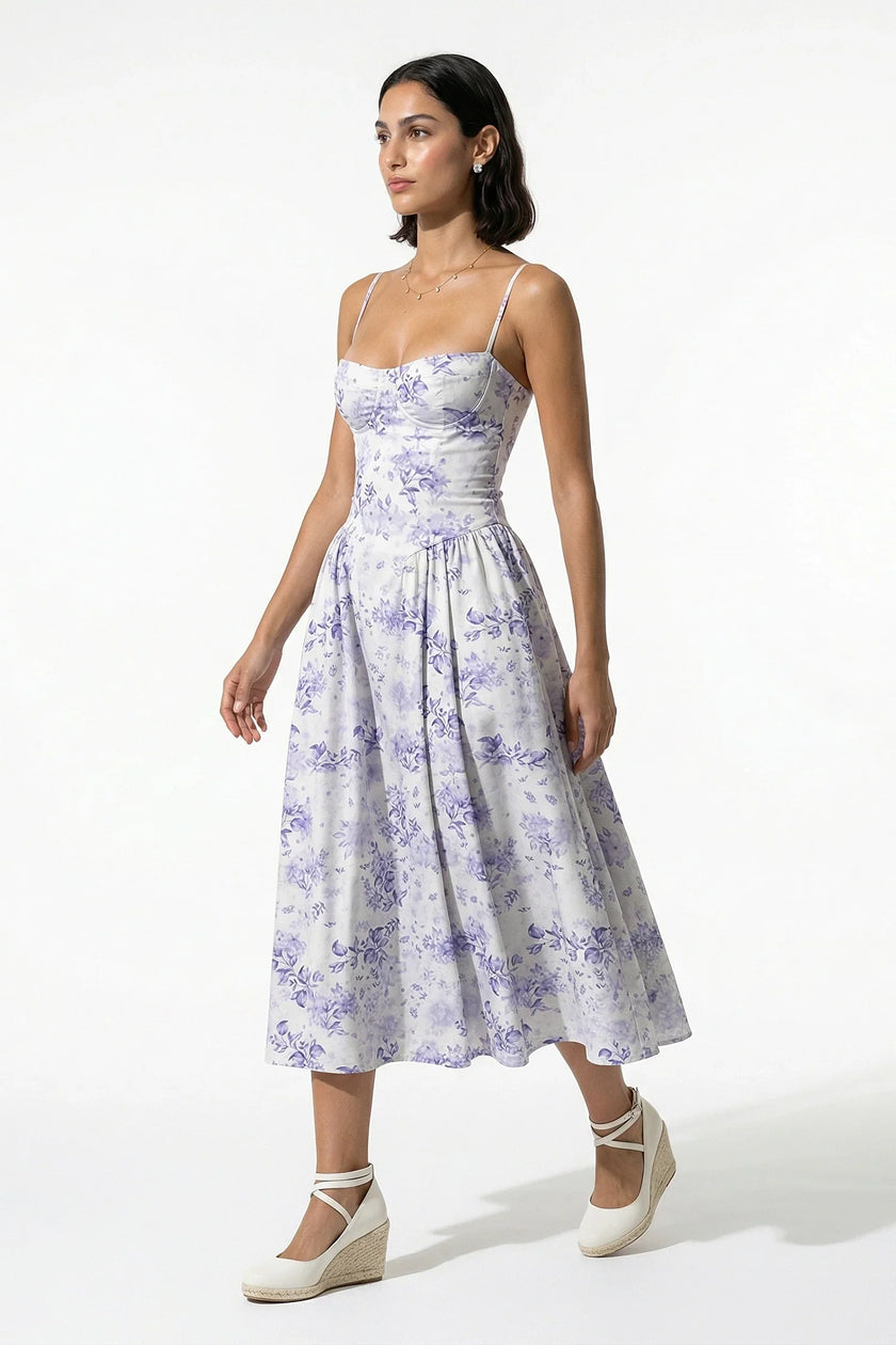 FJØRNA women's sleeveless floral midi dress in purple with lightweight fabric, perfect for summer wear.
