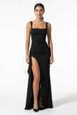 Black high-slit sleeveless maxi dress for women by FJØRNA, featuring a flowy silhouette and elegant design.