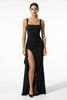 Black high-slit sleeveless maxi dress for women by FJØRNA, featuring a flowy silhouette and elegant design.