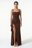 Black high-slit sleeveless maxi dress by FJØRNA, featuring a flowing design and elegant silhouette for women.
