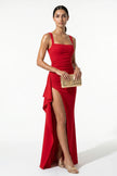 FJØRNA red high-slit sleeveless maxi dress for women, full-body view showcasing elegant design and flowing fabric.