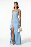 FJØRNA high-slit sleeveless maxi dress for women in sky blue, featuring a flowing design and elegant fit.