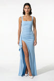 FJØRNA high-slit sleeveless maxi dress for women in sky blue, showcasing elegant flowy fabric and a stylish high slit.