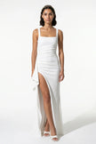 FJØRNA high-slit sleeveless black maxi dress for women, featuring a flowing design and elegant style.