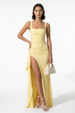 Yellow FJØRNA women's high-slit sleeveless maxi dress with a flowing silhouette, perfect for elegant summer occasions.