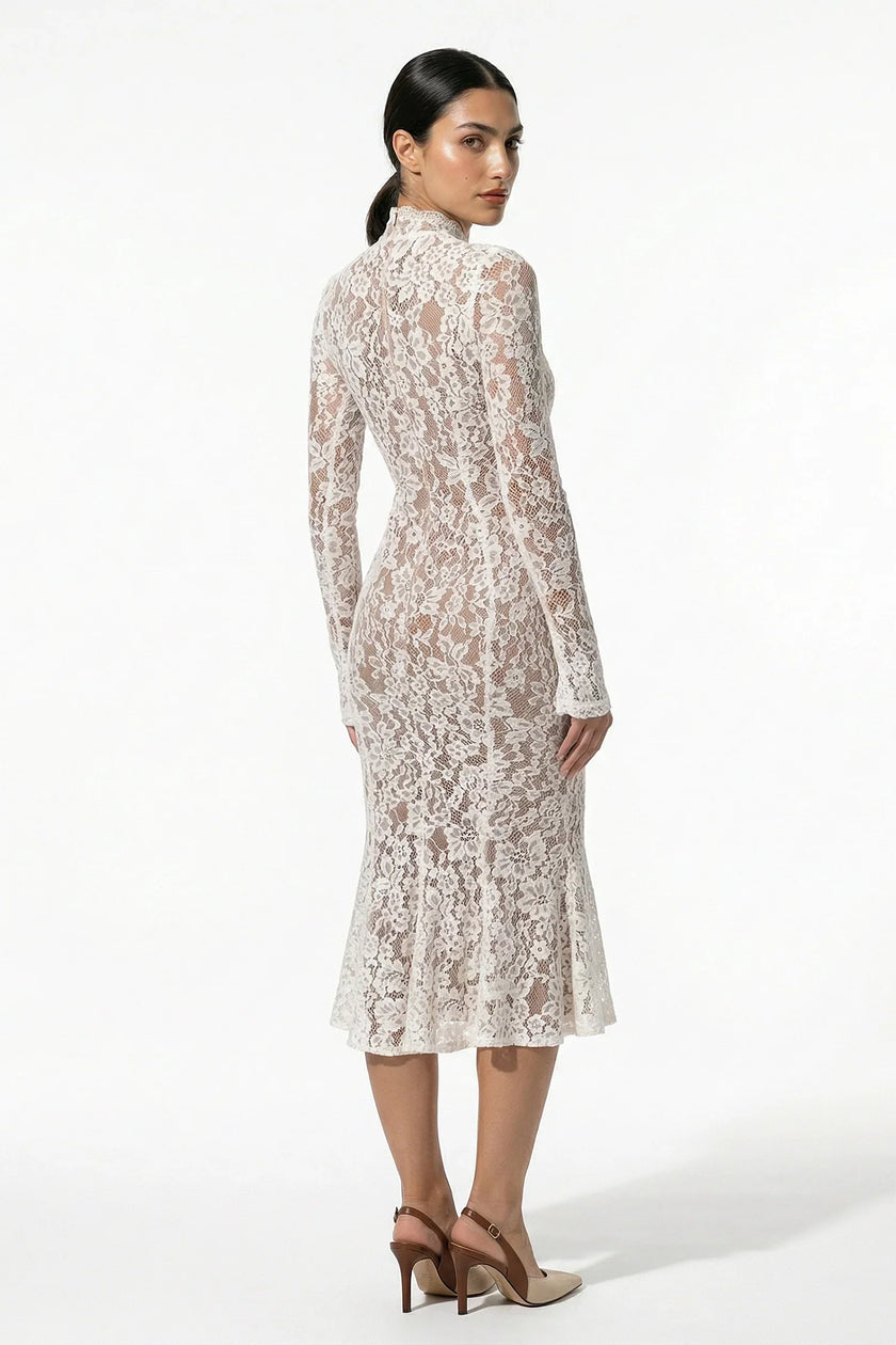 Back view of FJØRNA white lace midi dress for women, long sleeve fitted dress with intricate lace details.