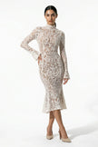 White lace midi dress for women by FJØRNA, featuring long sleeves and a fitted silhouette, shown from the front view.