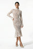 White lace midi dress for women by FJØRNA, featuring long sleeves and a fitted silhouette, shown from the front view.