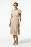 FJØRNA apricot pleated midi dress for women, A-line style with round neckline, casual and elegant full-body view.